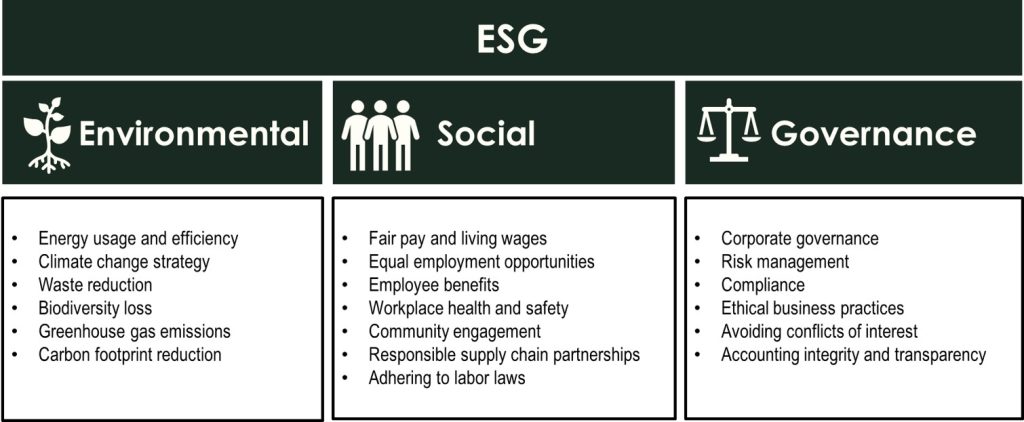 Diagram showing the ESG framework broken down into its three components: Environmental, Social, and Governance, with bulleted examples for each.